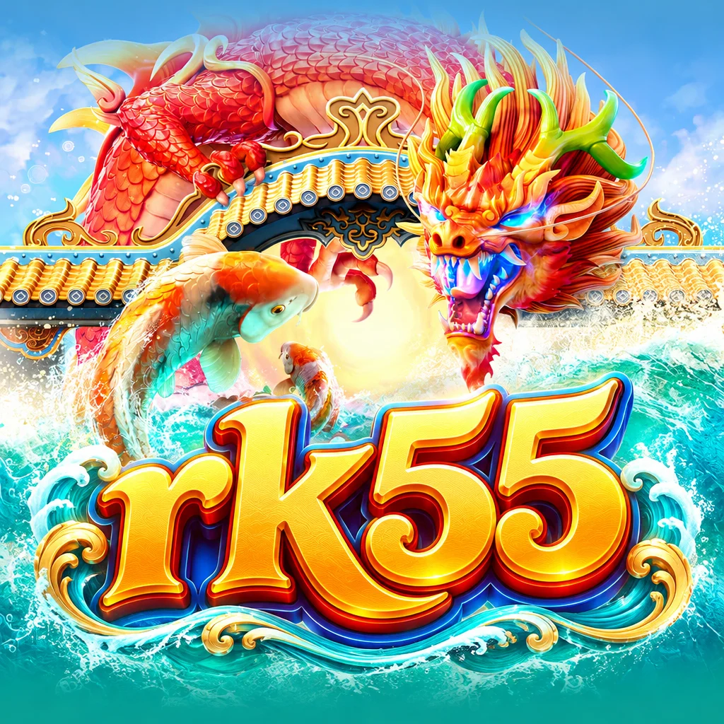 rk55 menyajikan ilustrasi naga emas legendaris dan ikan koi dalam game Dragon Legend
