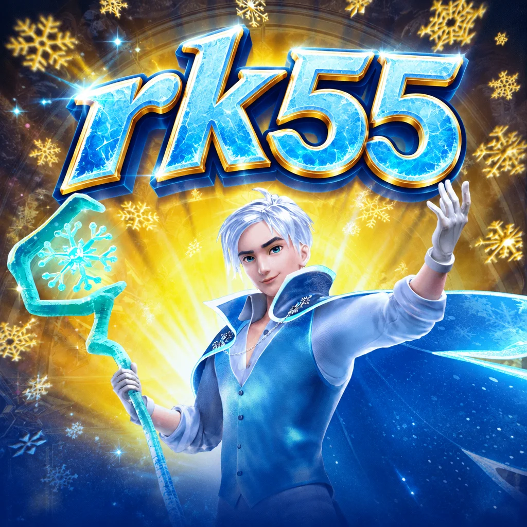 rk55 menampilkan karakter Jack Frost berambut perak membawa tongkat es dengan latar kristal salju
